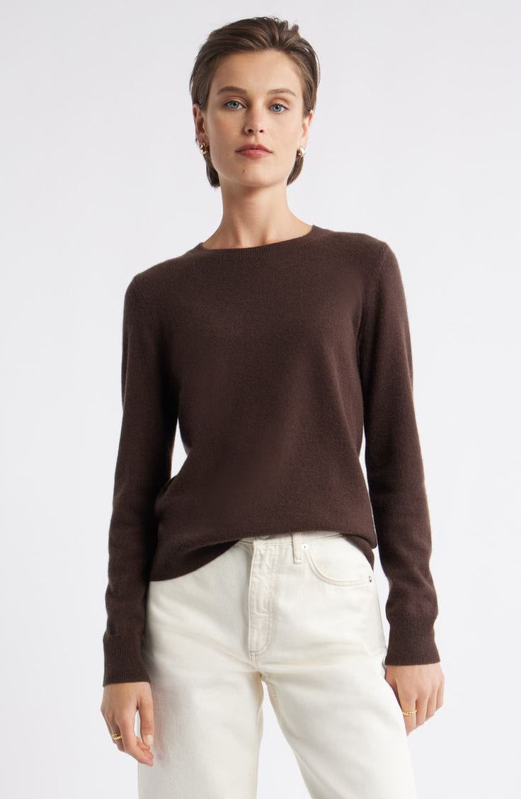 Nordstrom Anniversary Sale: Cashmere crewneck sweater in dark brown.