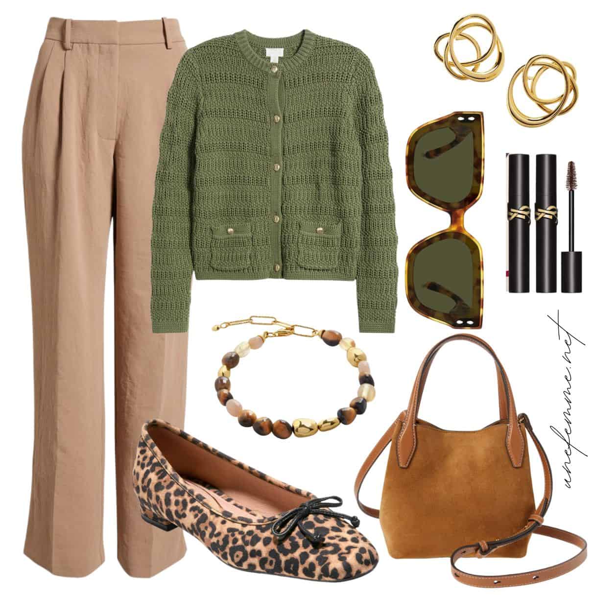 Nordstrom Anniversary Sale picks: smart casual outfit with tan trousers, olive cardigan, leopard print ballet flats, suede mini bag, gold and stone jewelry.