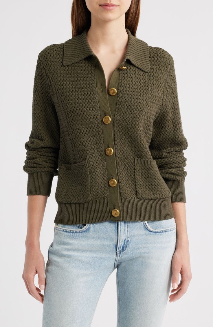 Nordstrom Anniversary Sale: rag & bone basketweave stitch collared cardigan in Olive.