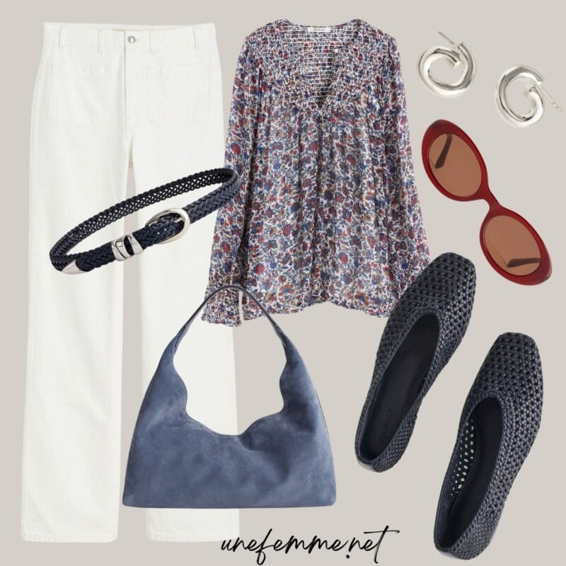 Late summer outfit from Madewell with white straight leg jeans, floral top, silver jewelry, suede bag, and woven leather flats.