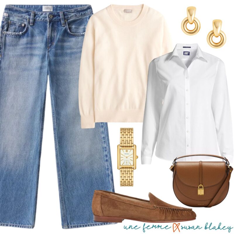 Easy classic casual outfit idea with a white shirt, cashmere crewneck, jeans, loafers and gold jewelry.