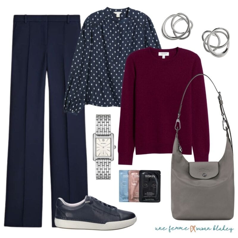 Fall travel outfit for women in navy and burgundy.