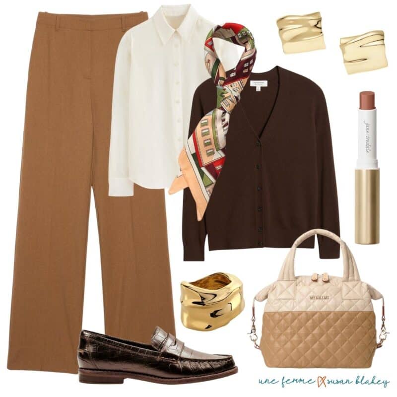 Fall travel outfit for women in camel, ivory, and brown shades.