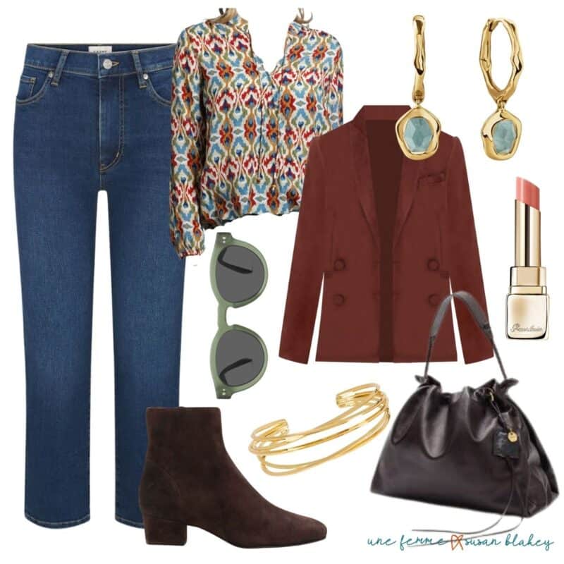 Fall travel outfit for women with jeans, print shirt and faux suede blazer.