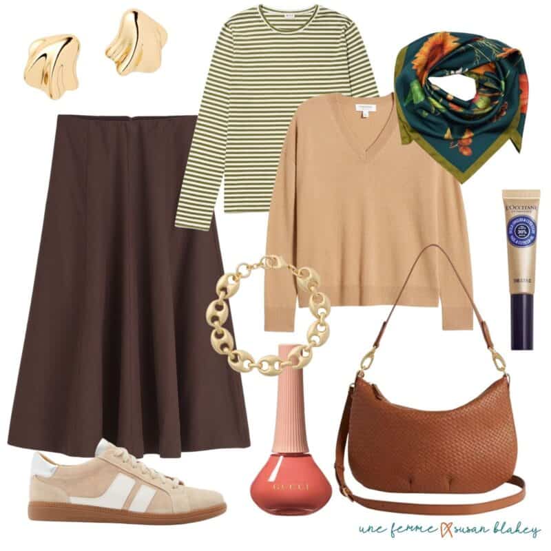 Travel outfit idea for women with a midi skirt, sneakers, layered tops, bandana, crossbody bag.