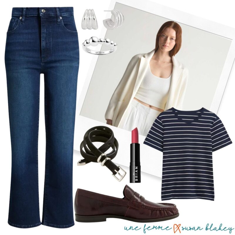 Easy casual outfit idea with dark wash jeans, navy striped tee, sweater jacket, loafers, black belt, and silver jewelry.