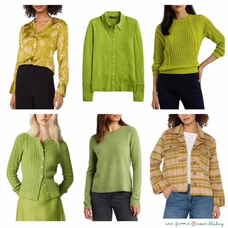 Fall color trends 2025: lime & avocado greens. Women's green tops, sweaters, & jackets.