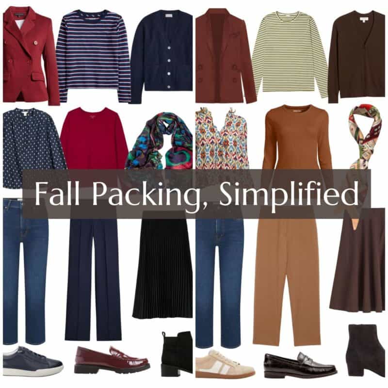 Fall packing, simplified. Fall travel capsule wardrobes in cool and warm color palettes.