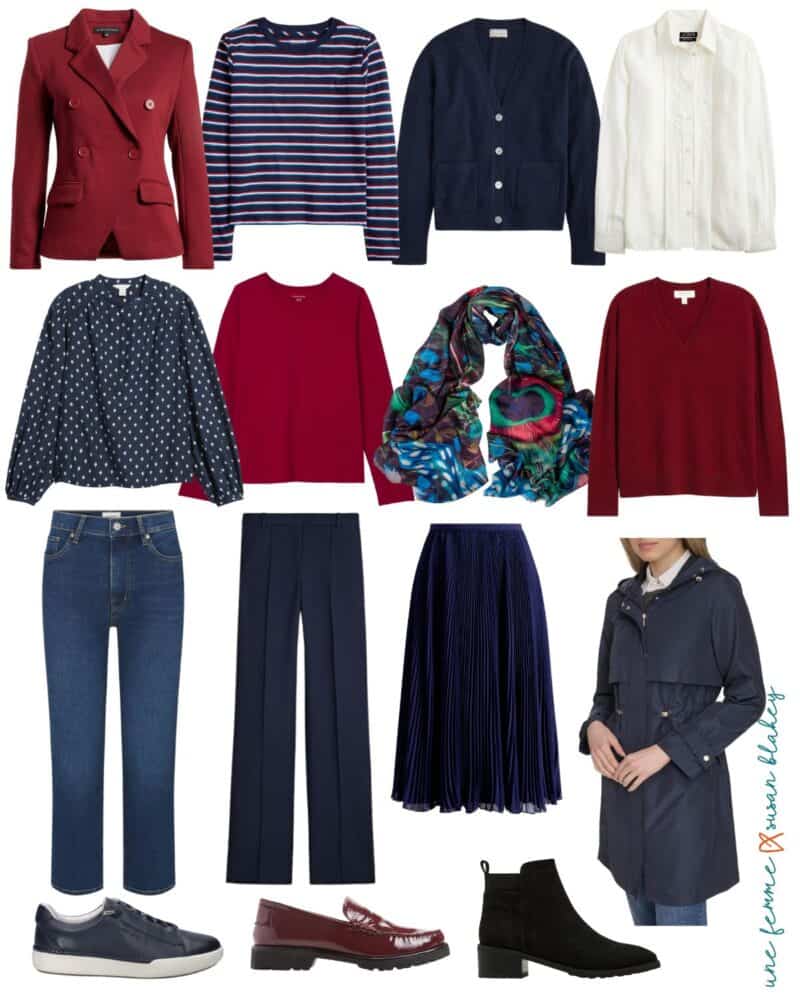 Fall travel capsule wardrobe for women in cool palette: navy, burgundy.