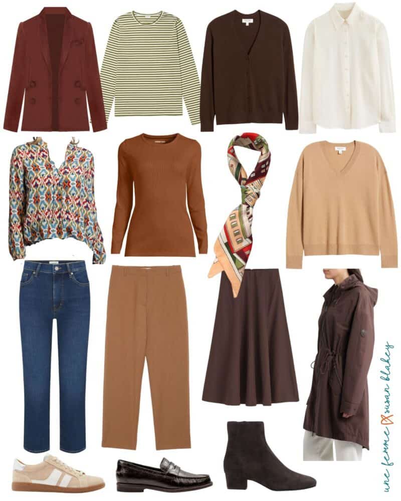 Fall travel capsule wardrobe for women in warm neutral palette.