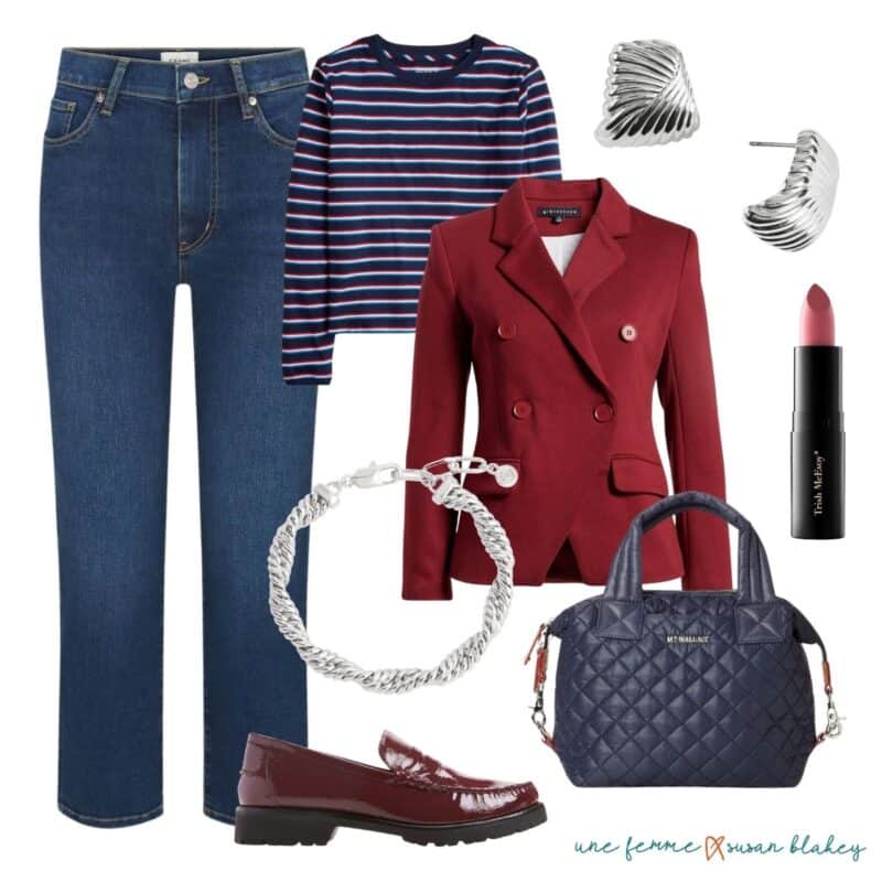Fall travel outfit in navy and burgundy with silver jewelry.