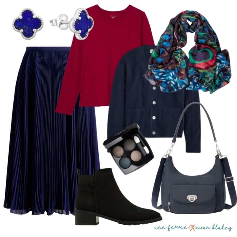Fall travel outfit for women with pleated skirt and weatherproof ankle boots