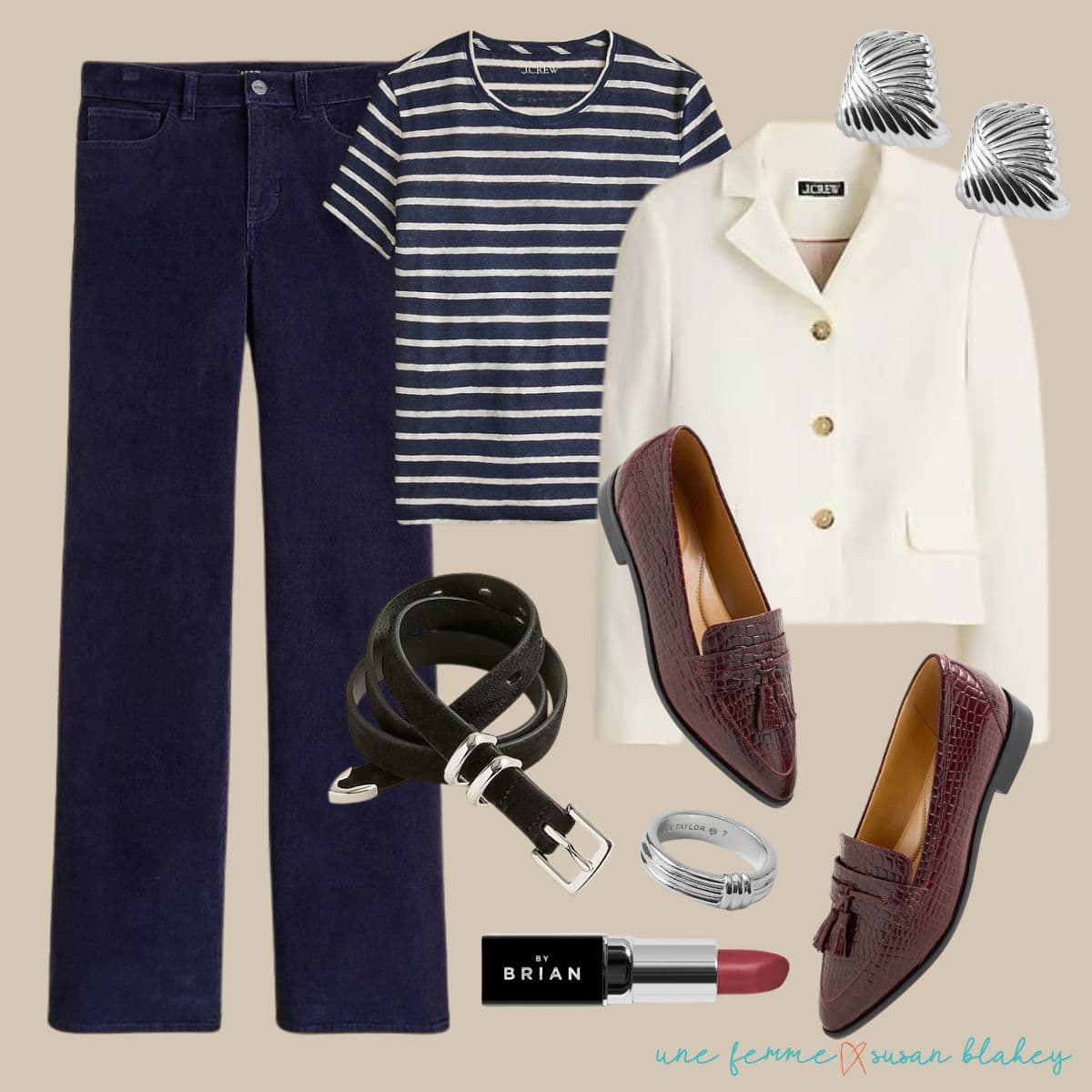 Casual classic look for women with navy corduroys, stripe tee, off-white blazer, burgundy tassel loafers, and silver jewelry.