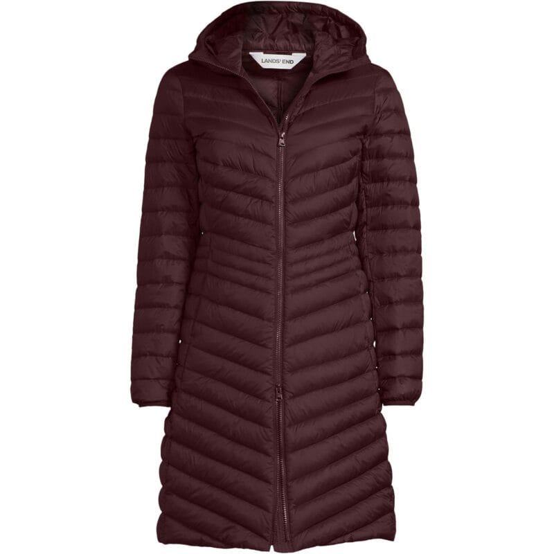 Lands' End packable down coat in Burgundy