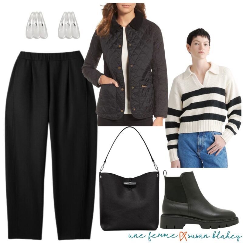 Easy outfit idea: a monochrome look with ponte cargo pants, striped half-zip sweater, quilted jacket.