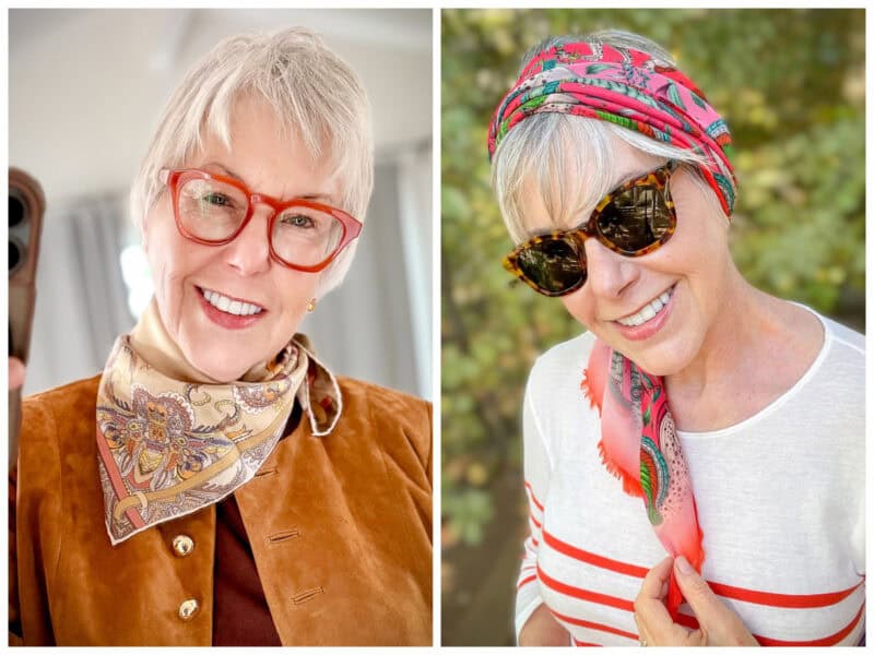 Two silk scarf stylings by Susan B. - a silk bandana worn as a neckerchief, large silk square worn as a headscarf.