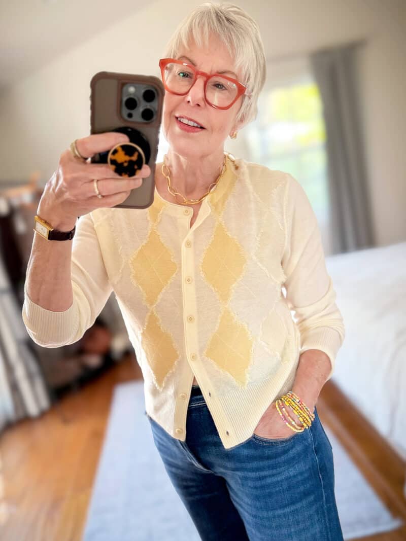 Detail: Susan B. wears a Vince argyle cardigan in lightweight wool blend.