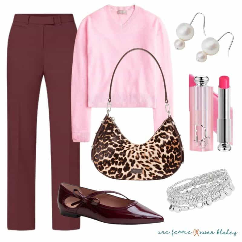 Fall outfit idea with burgundy pants, pink sweater, leopard bag, patent leather flats, silver jewelry.