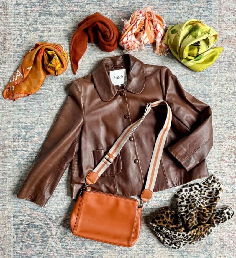 Fall travel wardrobe: scarves, outerwear, bag.