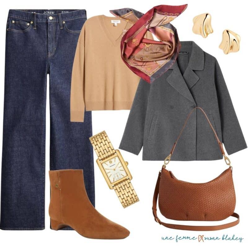Fall casual outfit idea with jeans, a cashmere sweater, silk scarf, grey jacket, tan accessories, gold jewelry.