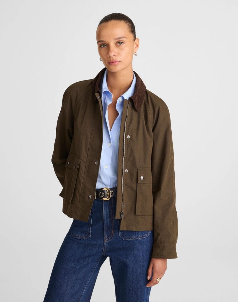 Madewell waxed zip-front jacket in olive.
