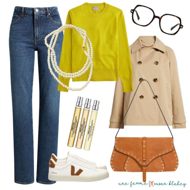 Parisian style trends 2025: pistachio green, pearl strands, big eyeglass frames, studded bag