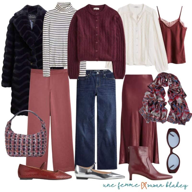 Holiday capsule wardrobe for women with burgundy and navy base, accessories.