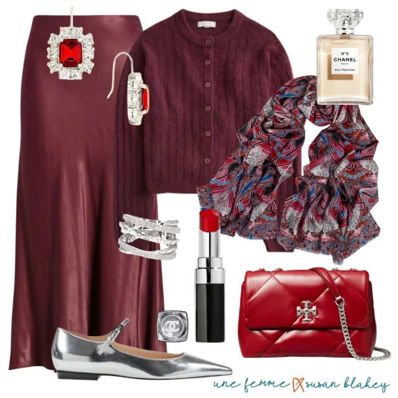 Holiday outfit idea with burgundy separates: Slip skirt, cable knit cardigan, silver flats & jewelry, red bag, Liberty print wrap. 