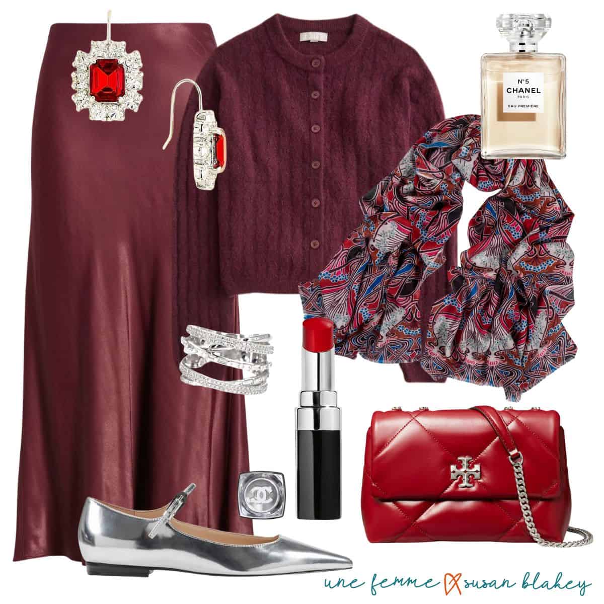Holiday outfit idea with burgundy separates: Slip skirt, cable knit cardigan, silver flats & jewelry, red bag, Liberty print wrap.