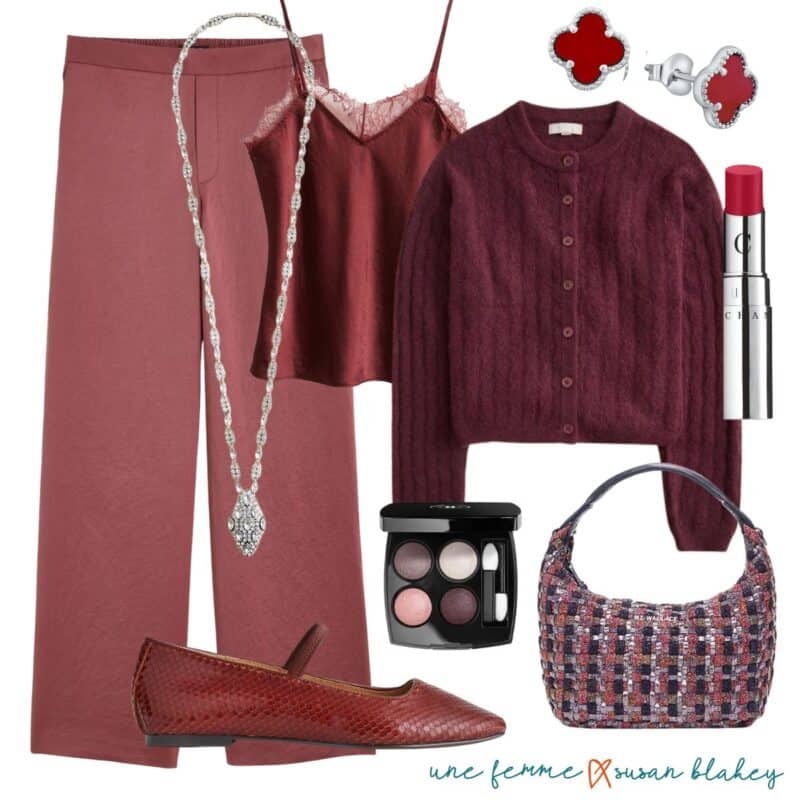 Holiday look in burgundy and mauve with silver jewelry and Mary Jane flats.