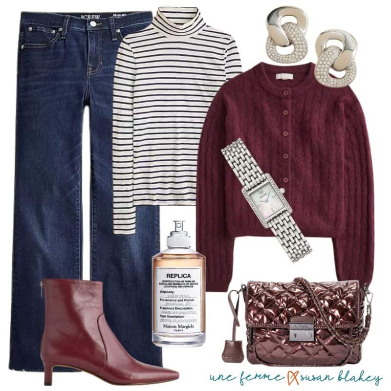 Casual holiday outfit with jeans, striped turtleneck, burgundy cardigan, burgundy boots, quilted bag, silver jewelry.