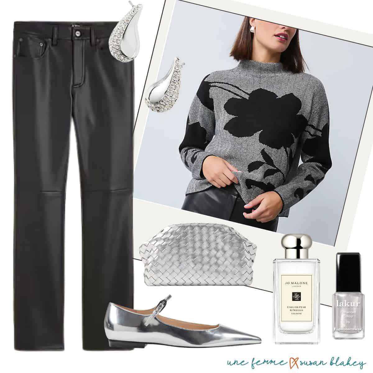Festive casual holiday outfit in cool neutrals (black/grey) with faux leather pants, silver jewelry and metallic accessories.