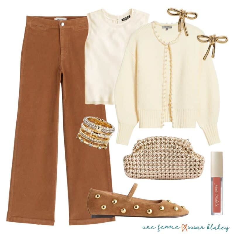 Festive casual holiday outfit in warm neutrals with gold jewelry, embellished ballet flats, pearl detail cardigan.