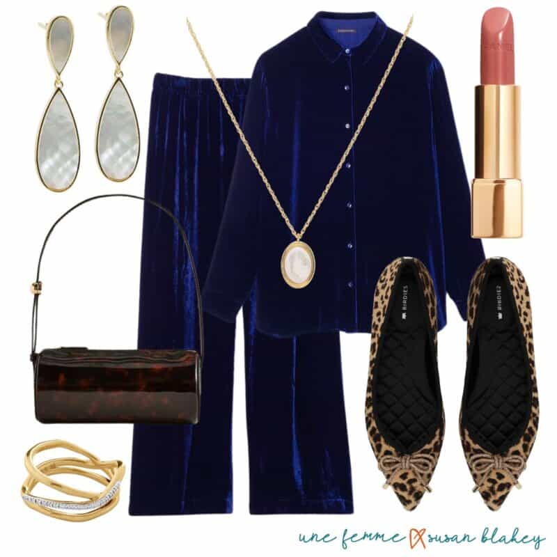 Relaxed holiday outfit in navy velvet shirt and pants with leopard print flats and gold jewelry.
