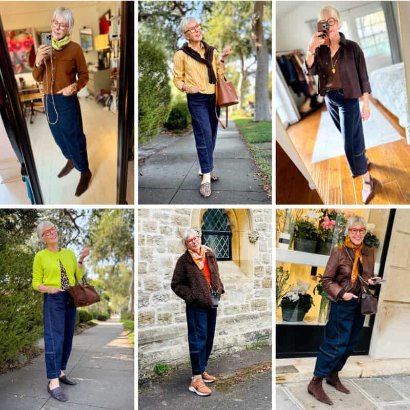 Susan B. wears Ruti dark wash barrel jeans in multiple outfits.