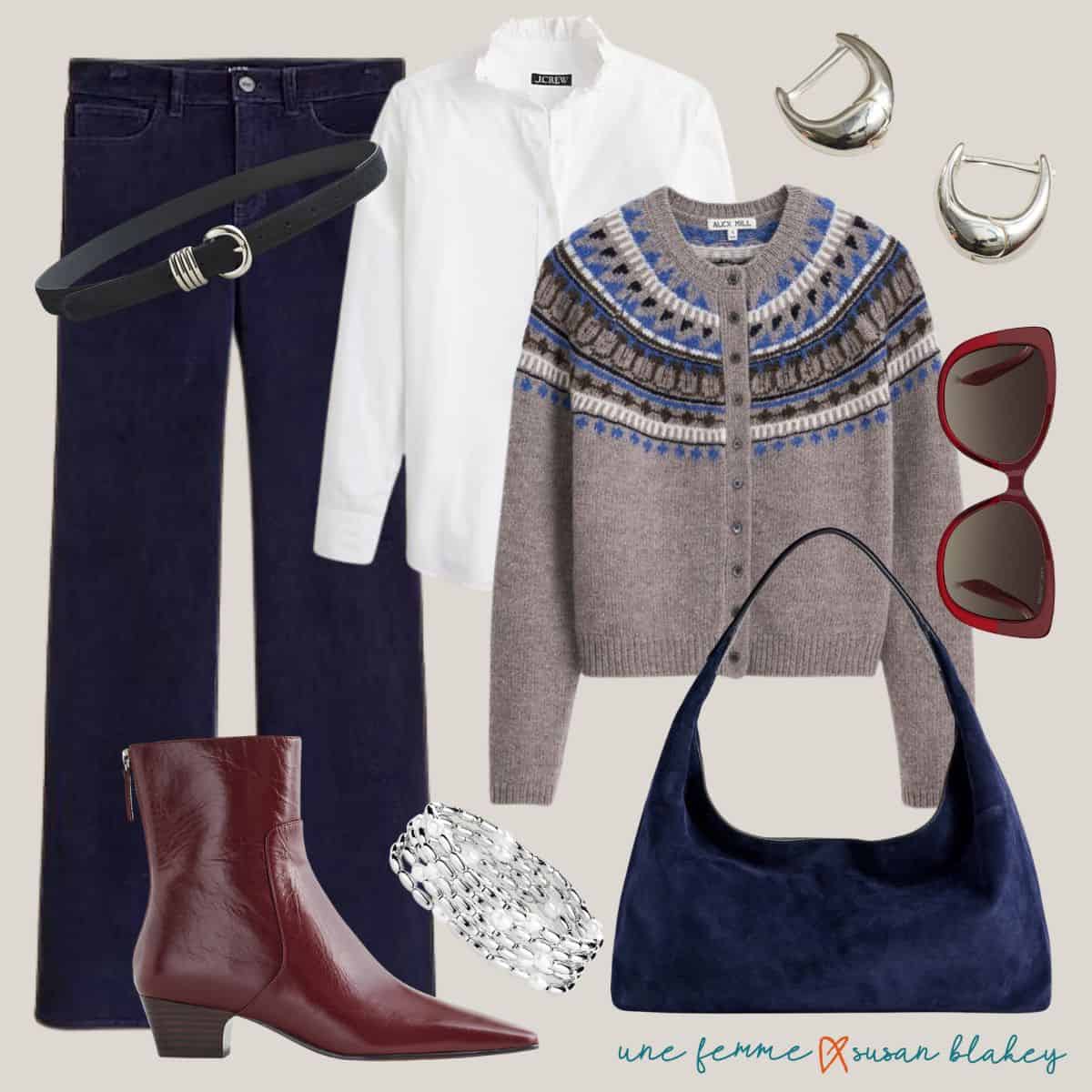 Casual outfit idea with a Fair Isle cardigan, navy corduroy pants, white blouse, silver jewelry, burgundy boots, and a navy suede bag.