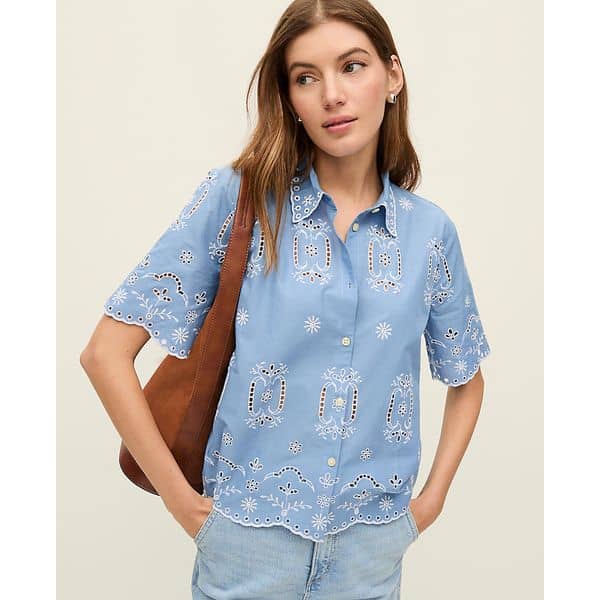 Ann Taylor short sleeve eyelet top, with white embroidery and eyelet details.