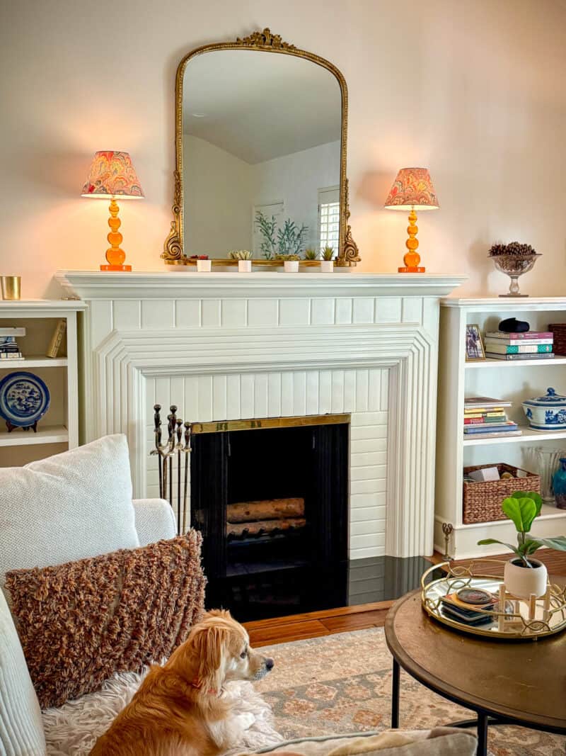 Living room with dog on sofa and cordless lights on fireplace mantle.