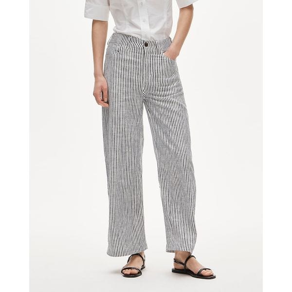 J.Crew linen 5-pocket pants in navy/ivory railroad stripe.