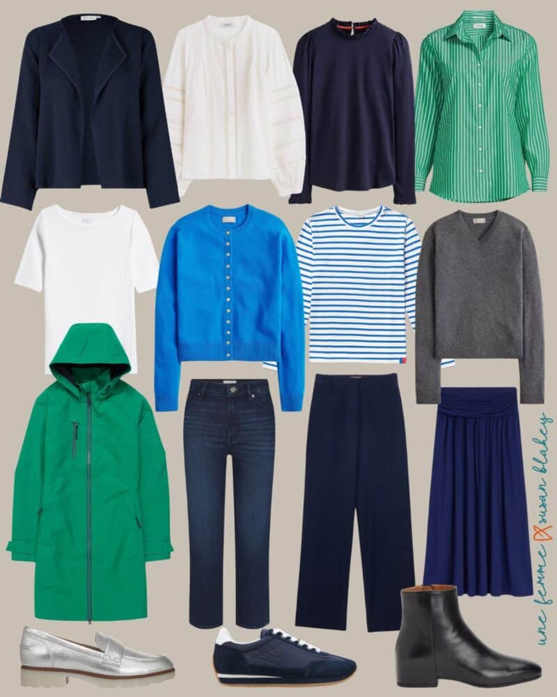 12-piece spring travel capsule wardrobe in cool tones.