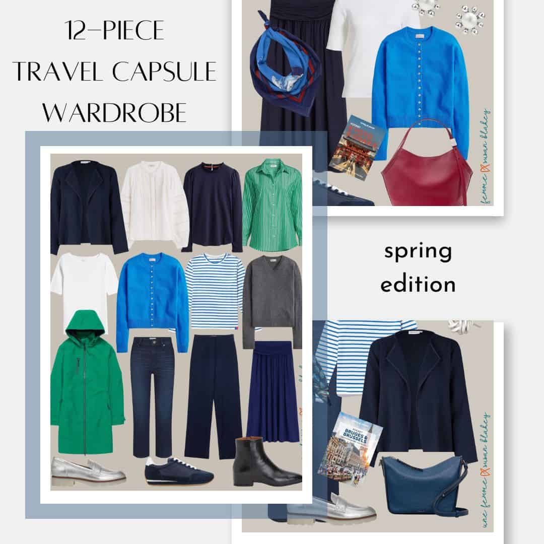 12-piece spring travel capsule wardrobe featuring a navy-based cool color palette, with a full capsule overview and two mix-and-match outfit examples.