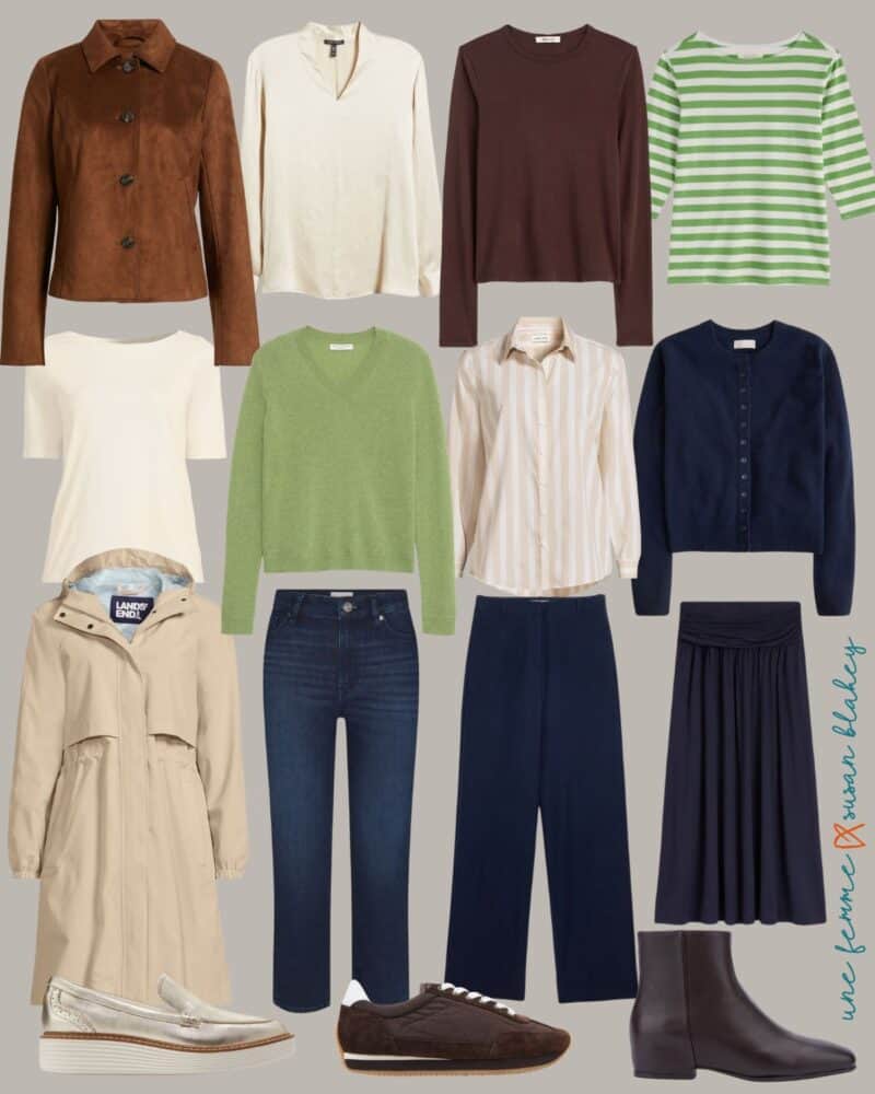 12-piece spring travel capsule wardrobe in warm tones.