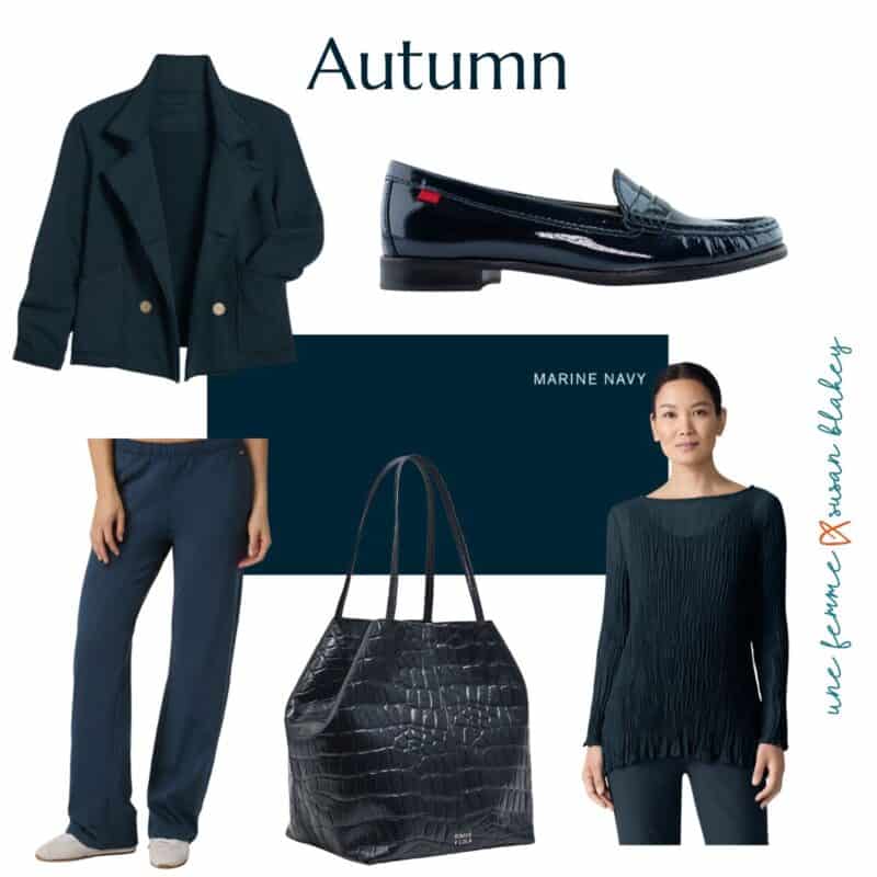 Examples of Marine Navy from the Autumn palette. Jacket, loafers, pants, bag, top.