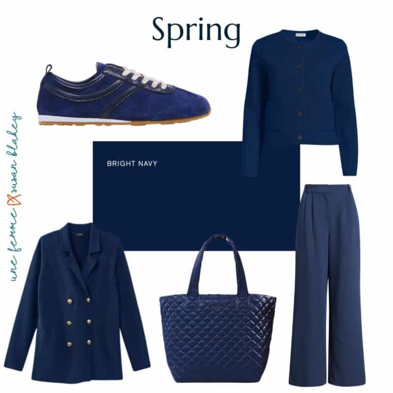 Examples of Bright Navy from the Spring seasonal color palette: sneakers, cardigan, jacket, tote, pants