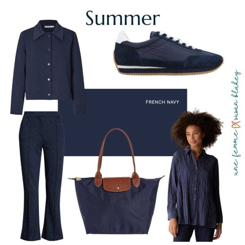 Examples of French Navy from the Summer seasonal color palette: jacket, sneakers, pants, tote, shirt.