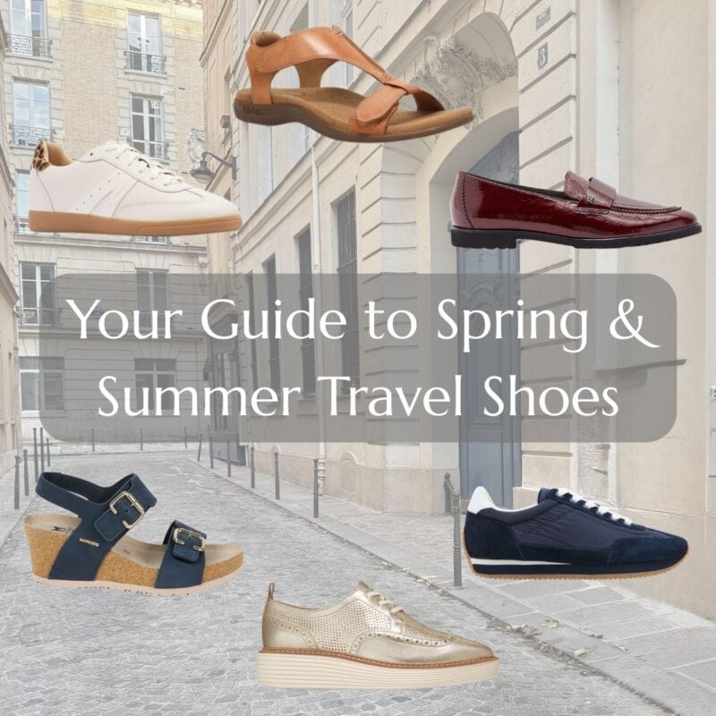 Women's spring and summer travel shoes including sneakers, sandals, and loafers styled against a Paris street.