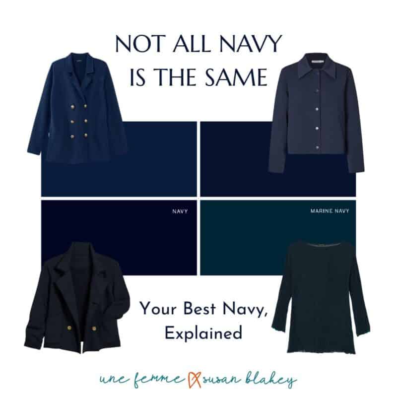 Four shades of navy shown in a grid with clothing examples, illustrating how navy differs across the seasonal color palettes and how to find the best navy for your color season.