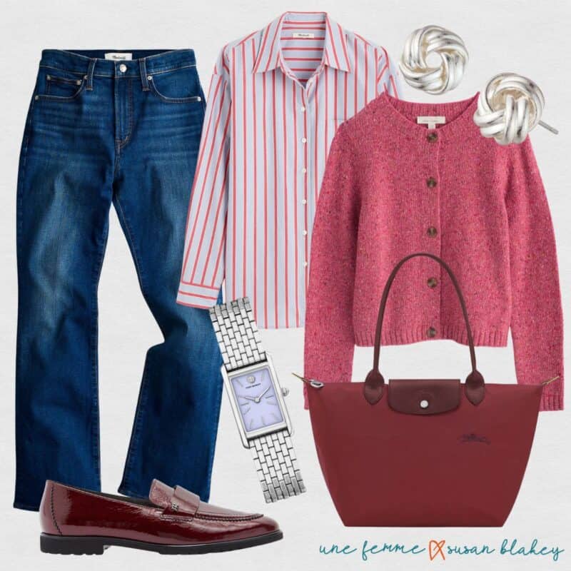 Casual denim look with a soft lilac and red striped shirt, rose caridgan, silver knot earrings, Tory Burch silver watch, Longchamp le Pliage burgundy nylon bag, burgundy patent loafers.