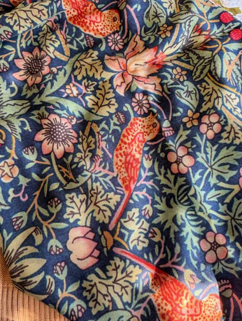 Detail of Liberty "Strawberry Thief" print cashmere & silk scarf.