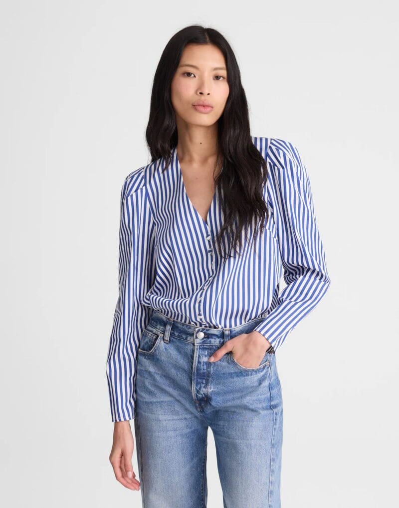 Madewell striped shirt in cotton poplin with collarless v-neck.